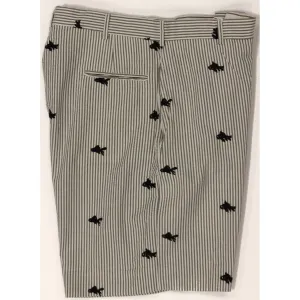 "J. Press Grey Seersucker w/ Navy Koi Fish Embroidered Bermuda Shorts" Sz: 34