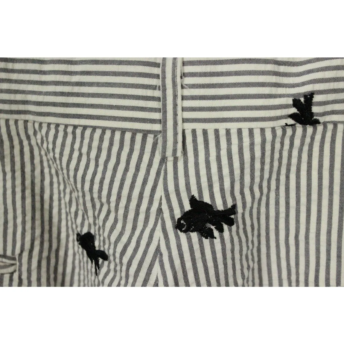 "J. Press Grey Seersucker w/ Navy Koi Fish Embroidered Bermuda Shorts" Sz: 34