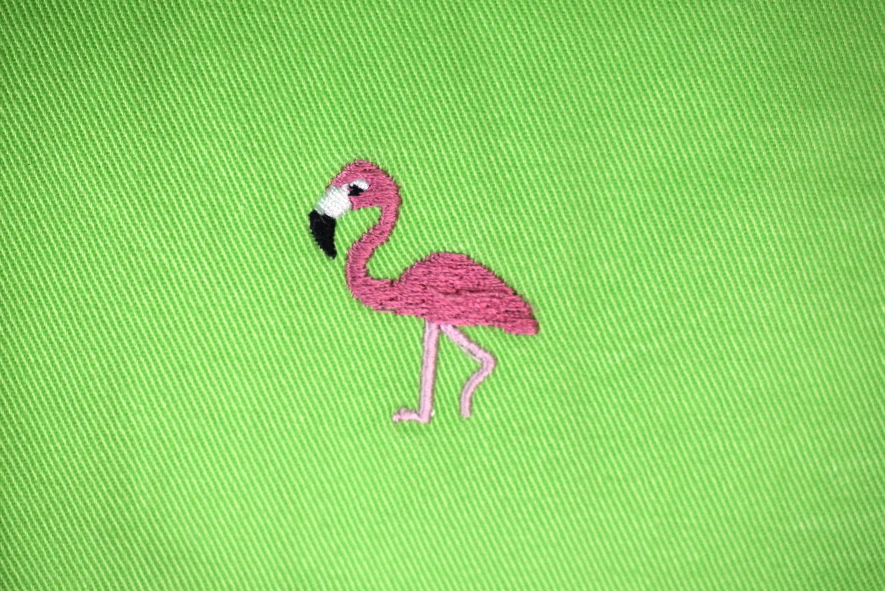 "O'Connell's Plain Front Bermuda Shorts - Embroidered Flamingos on Lime Twill" Sz 42
