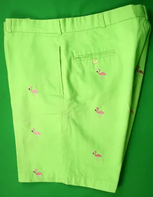 "O'Connell's Plain Front Bermuda Shorts - Embroidered Flamingos on Lime Twill" Sz 42