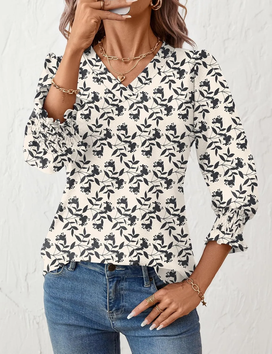 Rapbin 3/4 Length Sleeve Womens Tops Summer Trendy Puff-Sleeve V-Neck Blouses Dressy Casual Textured Smocked T-Shirt