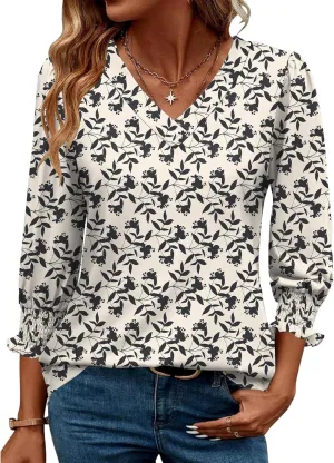 Rapbin 3/4 Length Sleeve Womens Tops Summer Trendy Puff-Sleeve V-Neck Blouses Dressy Casual Textured Smocked T-Shirt