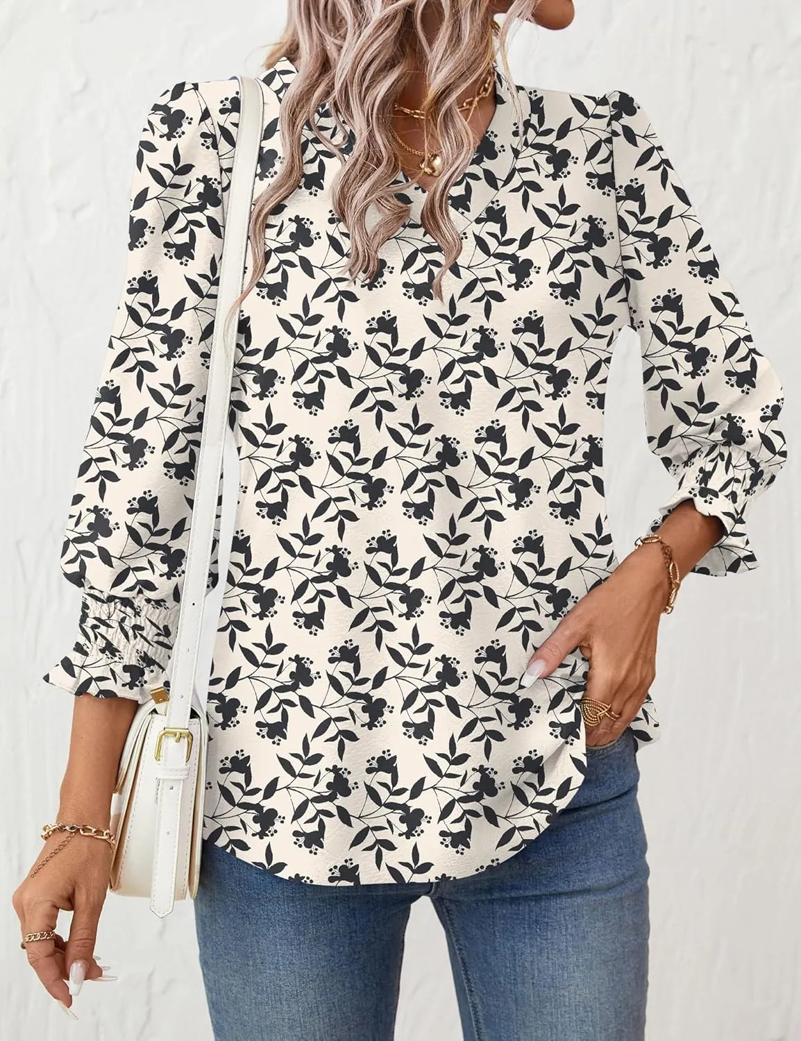 Rapbin 3/4 Length Sleeve Womens Tops Summer Trendy Puff-Sleeve V-Neck Blouses Dressy Casual Textured Smocked T-Shirt