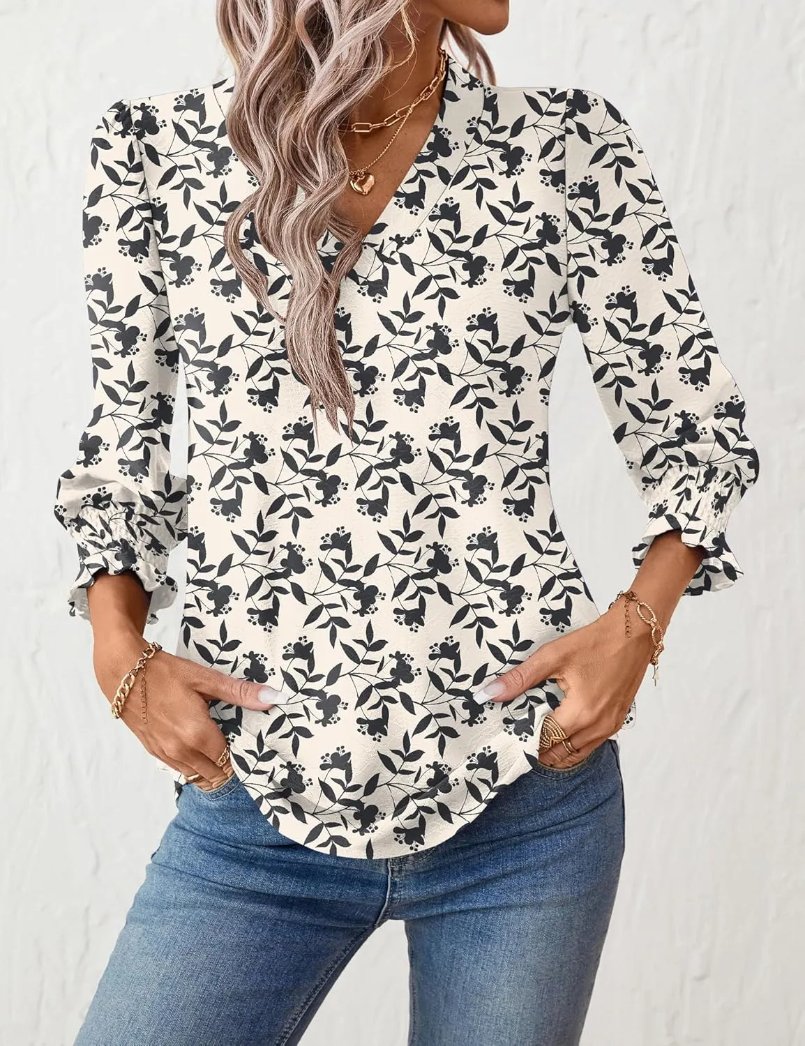 Rapbin 3/4 Length Sleeve Womens Tops Summer Trendy Puff-Sleeve V-Neck Blouses Dressy Casual Textured Smocked T-Shirt