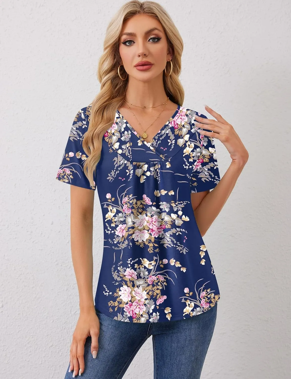Rapbin Womens Short Sleeve Tunic Tops Dressy V Neck T Shirts Loose Fit Summer Pleated Blouses 2025
