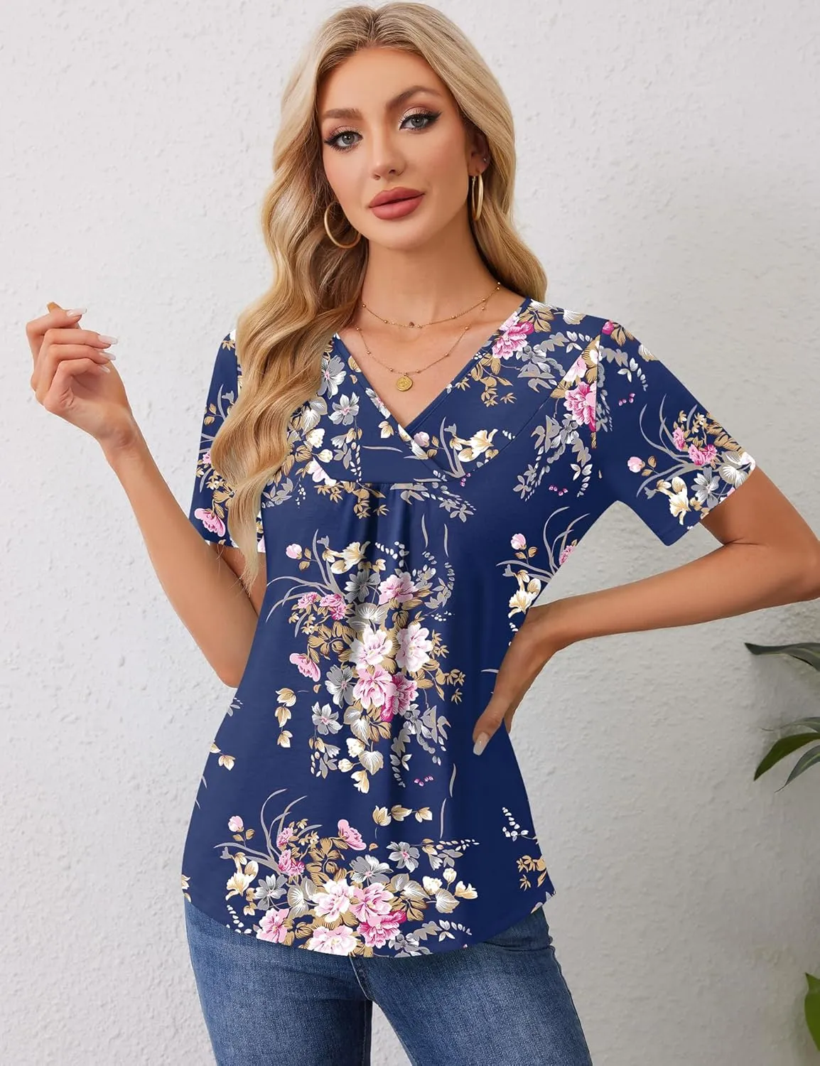 Rapbin Womens Short Sleeve Tunic Tops Dressy V Neck T Shirts Loose Fit Summer Pleated Blouses 2025