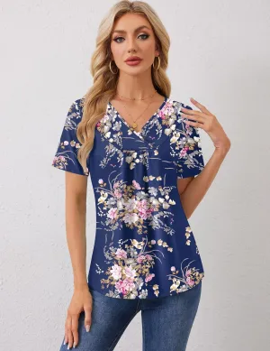 Rapbin Womens Short Sleeve Tunic Tops Dressy V Neck T Shirts Loose Fit Summer Pleated Blouses 2025