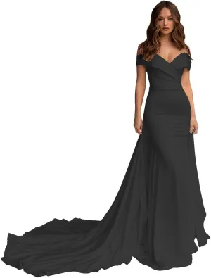 Raseal Simple Satin Bridal Dress Long for Women Off The Shoulder A Line Wedding Dress for Bridal RSWD001