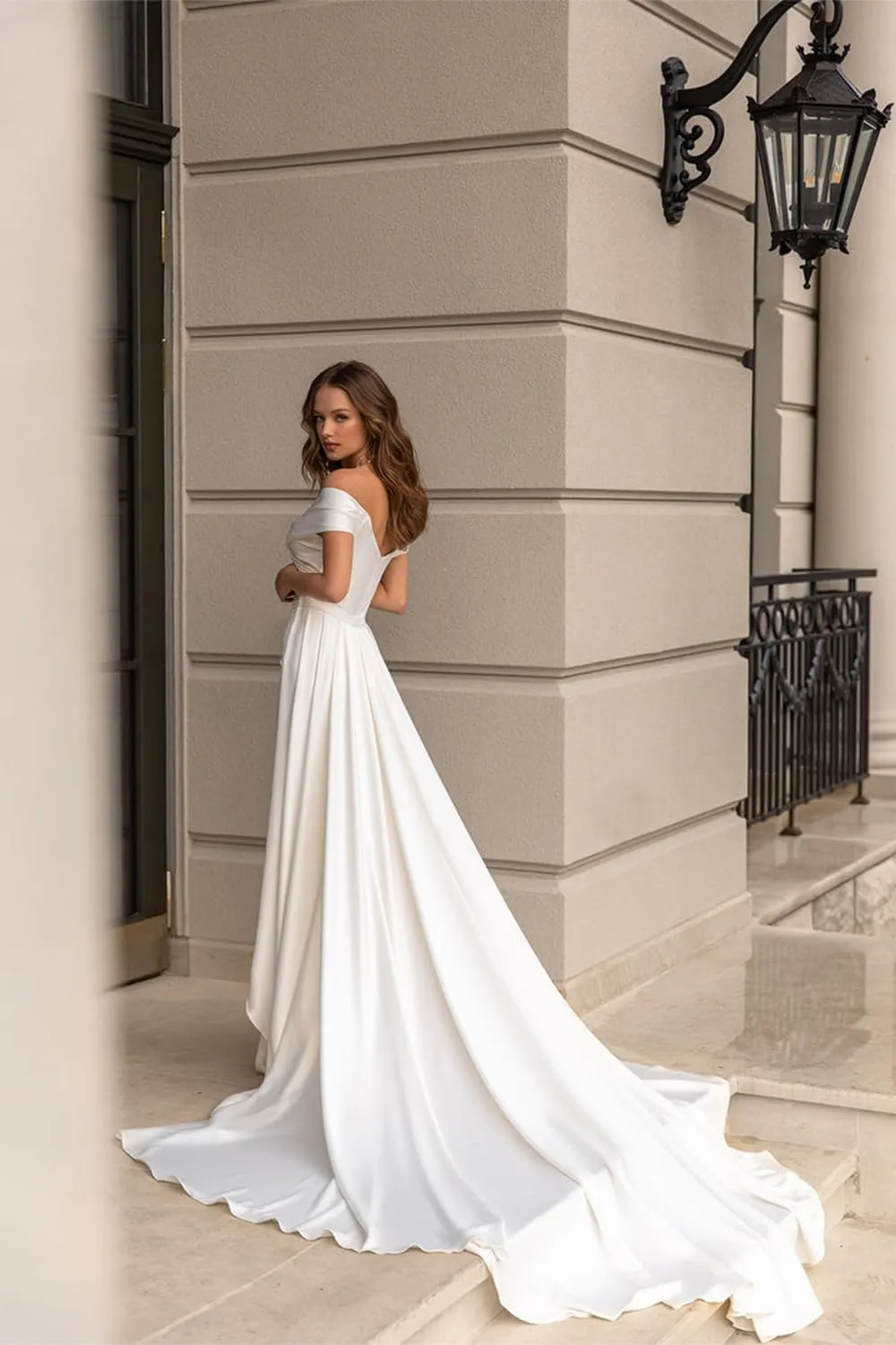 Raseal Simple Satin Bridal Dress Long for Women Off The Shoulder A Line Wedding Dress for Bridal RSWD001