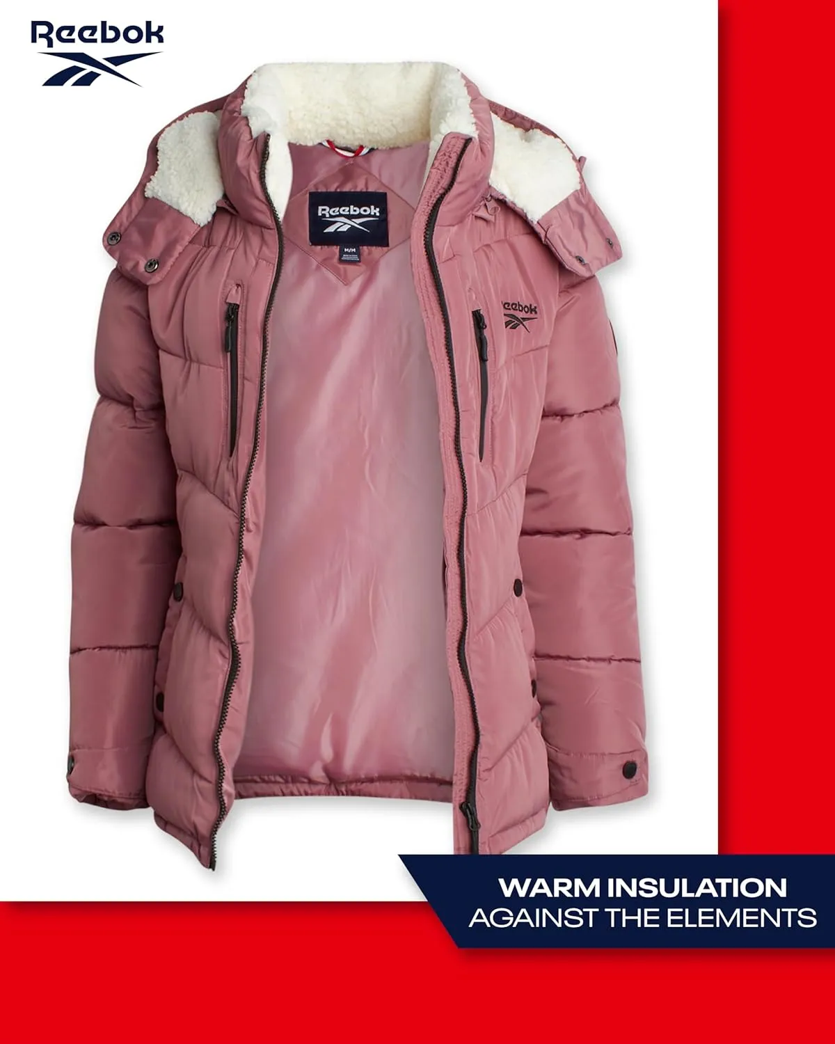 Reebok Women's Puffer Jacket - Heavyweight Quilted Puffer Jacket with Faux Fur Trim Hood - Outerwear Jackets for Women (S-XL)
