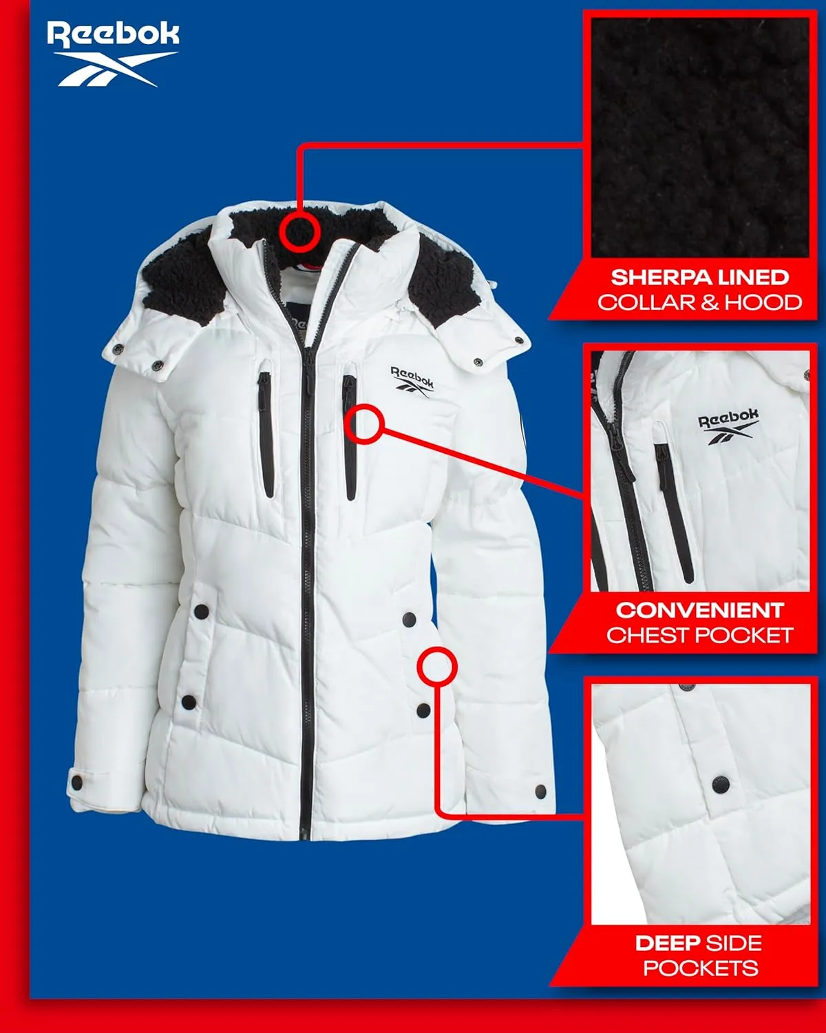 Reebok Women's Puffer Jacket - Heavyweight Quilted Puffer Jacket with Faux Fur Trim Hood - Outerwear Jackets for Women (S-XL)