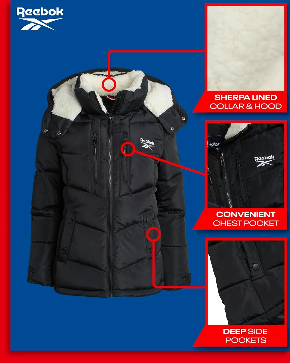 Reebok Women's Puffer Jacket - Heavyweight Quilted Puffer Jacket with Faux Fur Trim Hood - Outerwear Jackets for Women (S-XL)