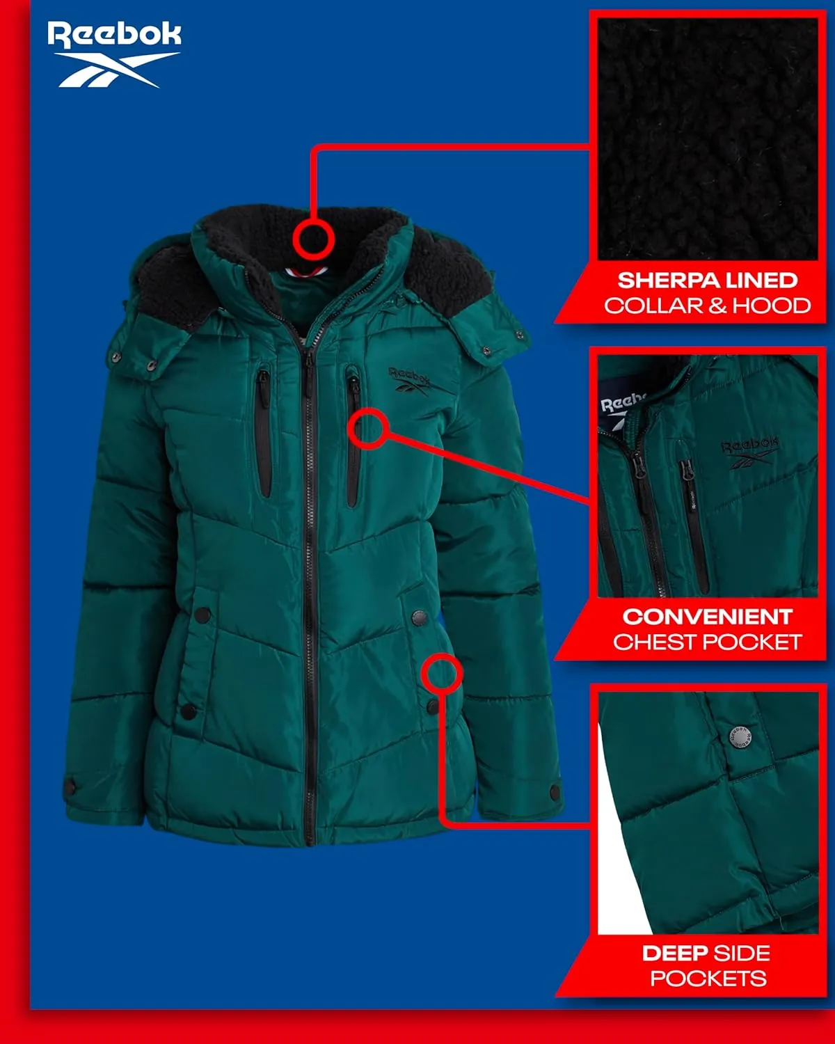 Reebok Women's Puffer Jacket - Heavyweight Quilted Puffer Jacket with Faux Fur Trim Hood - Outerwear Jackets for Women (S-XL)