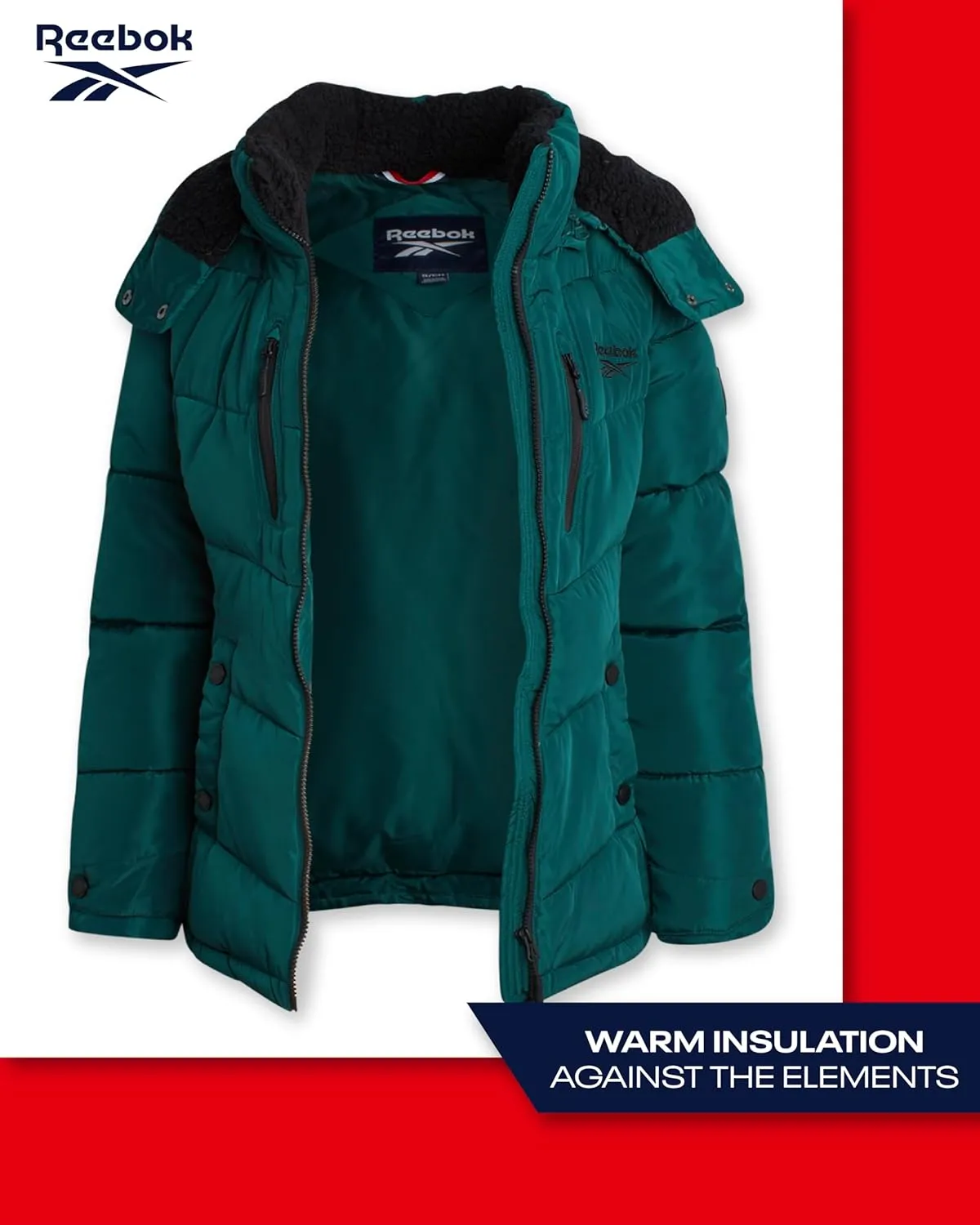 Reebok Women's Puffer Jacket - Heavyweight Quilted Puffer Jacket with Faux Fur Trim Hood - Outerwear Jackets for Women (S-XL)