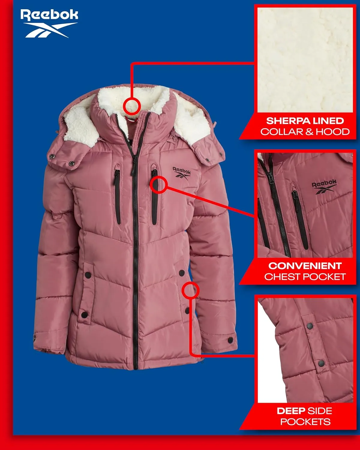 Reebok Women's Puffer Jacket - Heavyweight Quilted Puffer Jacket with Faux Fur Trim Hood - Outerwear Jackets for Women (S-XL)