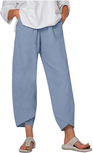 RKSTN Linen Pants Women Summer 2024 Trendy Womens Capri Pants Casual Solid Wide Leg Pants Elastic Waist Cropped Trousers