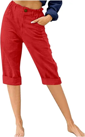 RKSTN Linen Pants Women Summer 2025 Capris for Work Casual Cropped Trousers Solid Plain High Waist Straight Pant with Pockets
