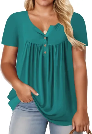 ROSRISS Womens-Plus-Size-Tops-Summer Buttons Up Henley Shirts V Neck Blouses Flowy Pleated Tunics Tee