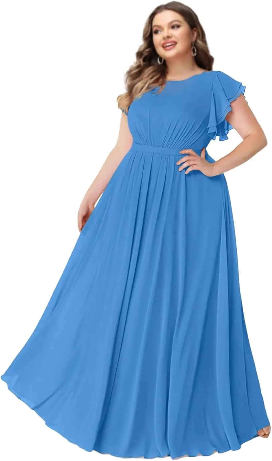 Ruffled Chiffon Bridesmaid Dress Long Scoop Formal Wedding Guest Dresses with Pockets SN023