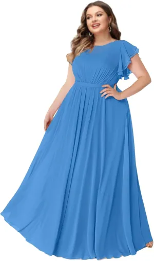 Ruffled Chiffon Bridesmaid Dress Long Scoop Formal Wedding Guest Dresses with Pockets SN023