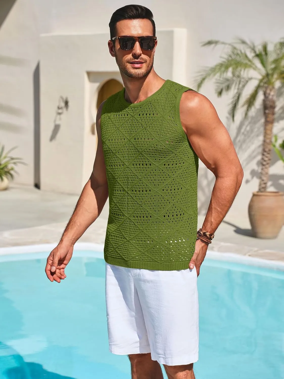 Runcati Mens Knitted Tank Tops Casual Sleeveless Hollow Out Crochet T-Shirts Muscle Summer Beach Hippie Shirts