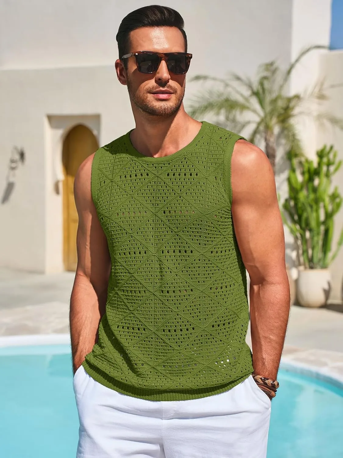 Runcati Mens Knitted Tank Tops Casual Sleeveless Hollow Out Crochet T-Shirts Muscle Summer Beach Hippie Shirts