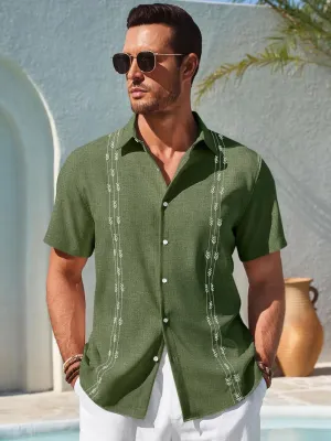 Runcati Mens Short Sleeve Guayabera Shirts Button Down Cuban Casual Mexican Shirts Summer Beach Wedding Linen Tops