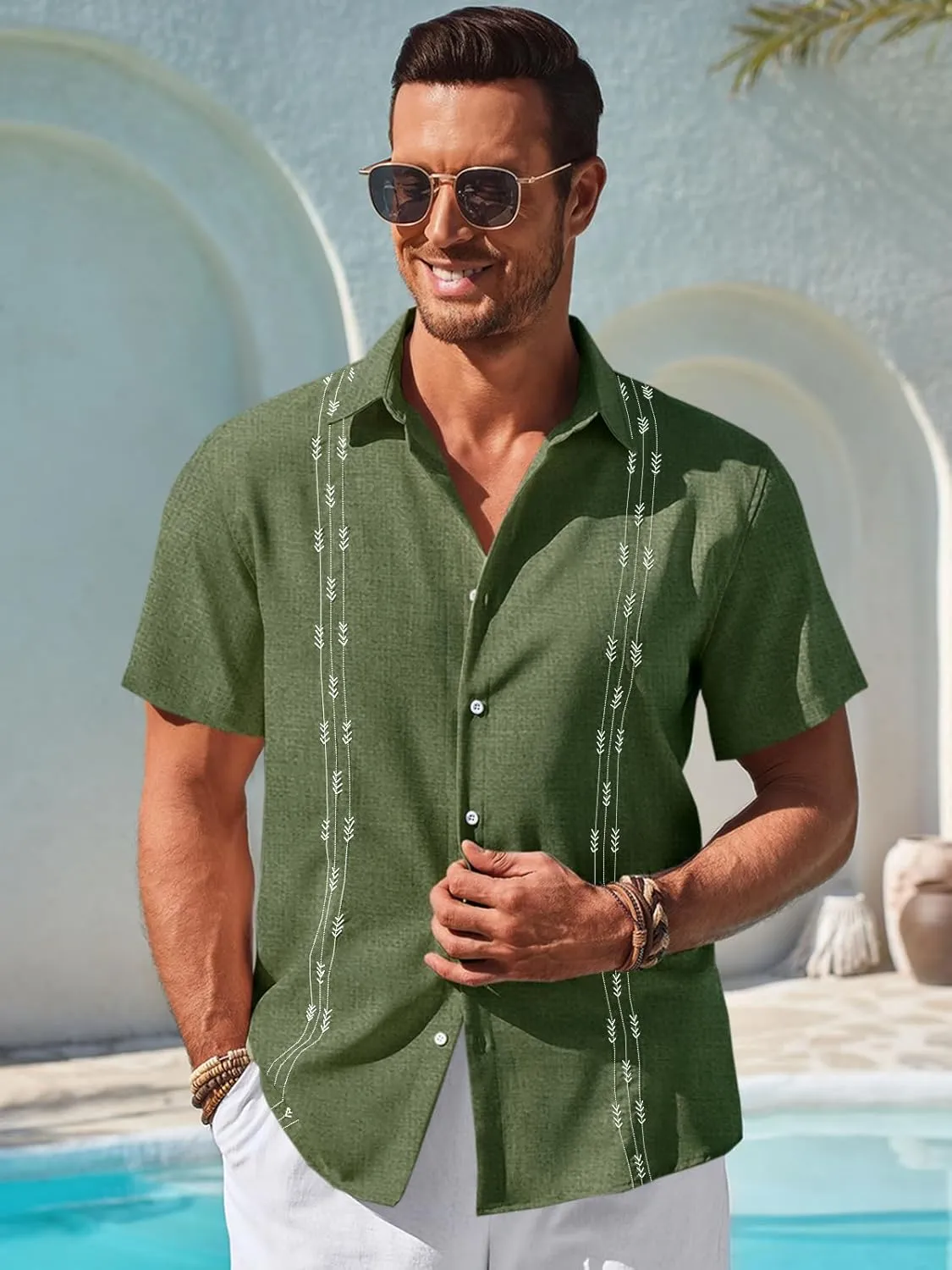 Runcati Mens Short Sleeve Guayabera Shirts Button Down Cuban Casual Mexican Shirts Summer Beach Wedding Linen Tops