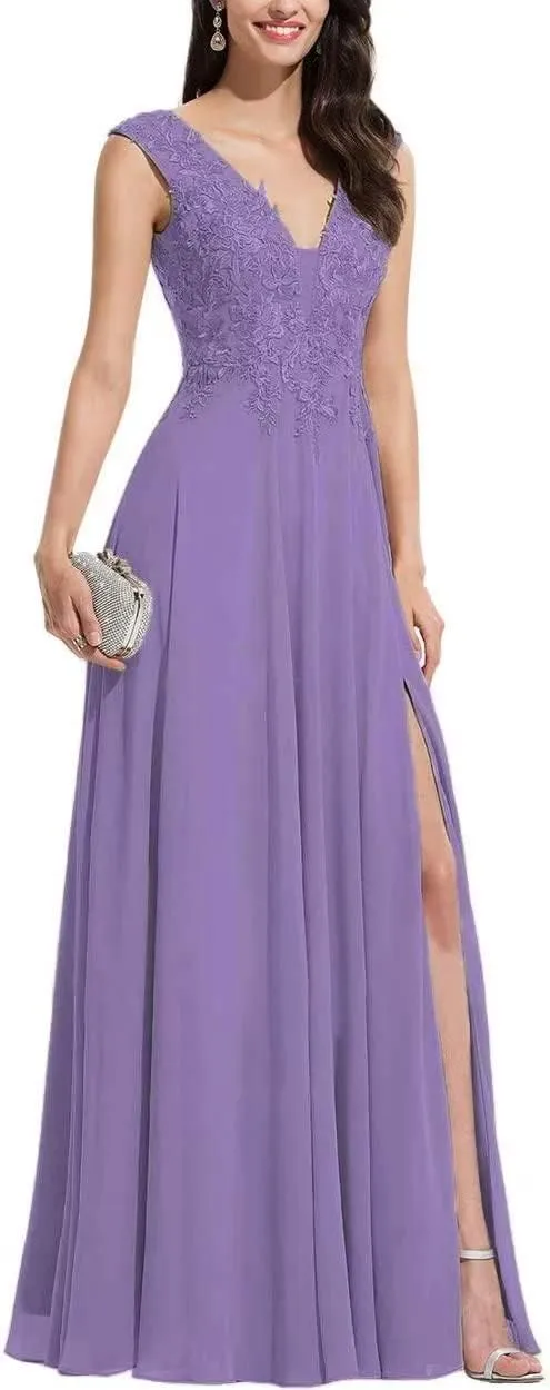 S Marlene Women's Prom Dresses Lace Appliques Wedding Dress Chiffon Bridesmaid Dresses V-Neck Formal Evening Party Gowns with Slit Dusty Purple, 10