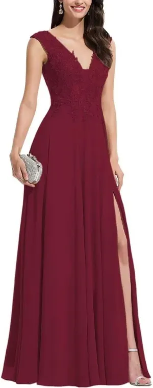S Marlene Women's Slit Lace Prom Dresses Chiffon Appliques Double V-Neck Floor Length Formal Evening Party Gowns Wine Red, 18 Plus