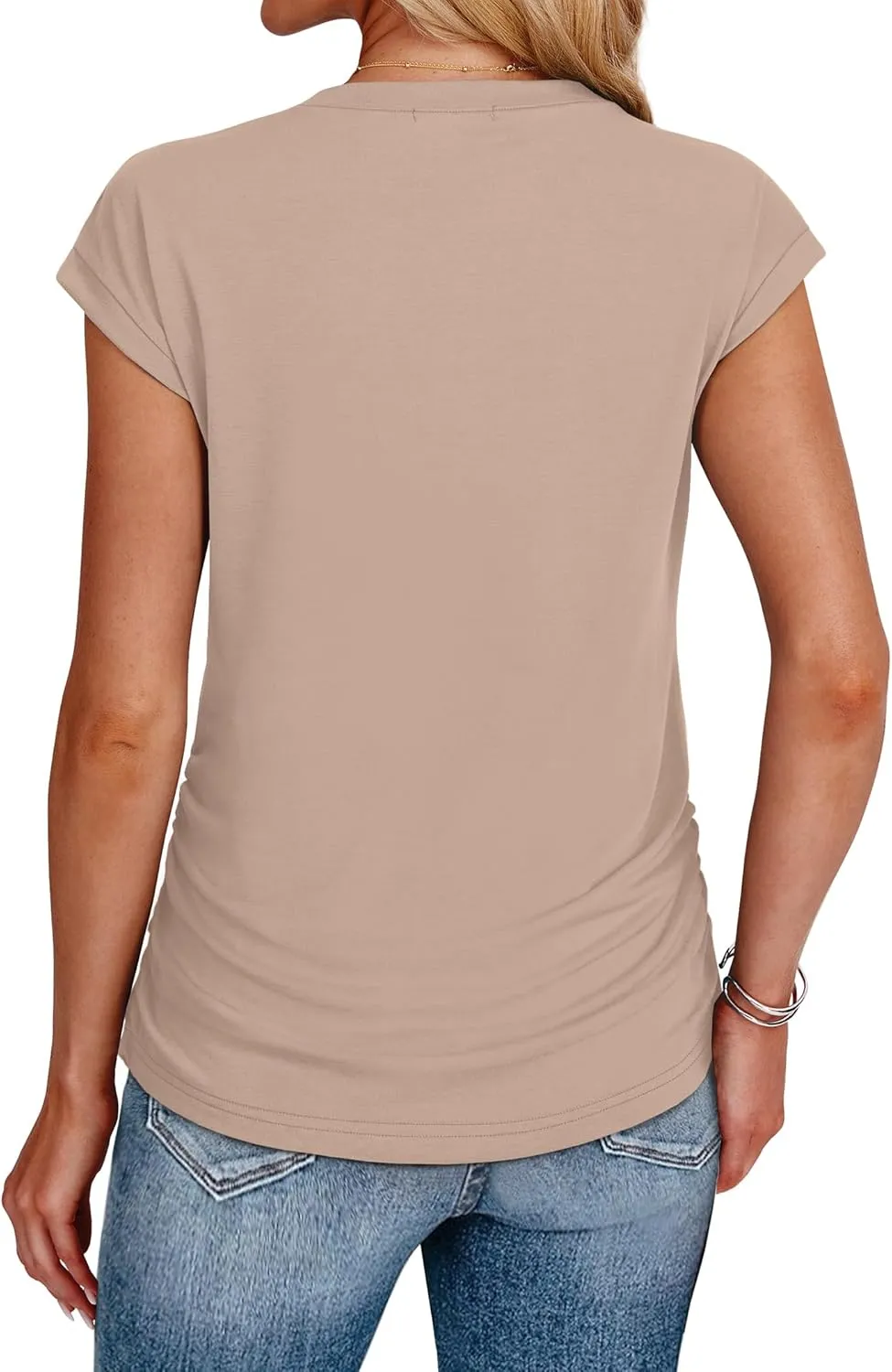 SAMPEEL Womens Summer Tops Trendy 2025 Ruched Cap Short Sleeve Tshirts Shirts Crew Neck T Shirts Fashion