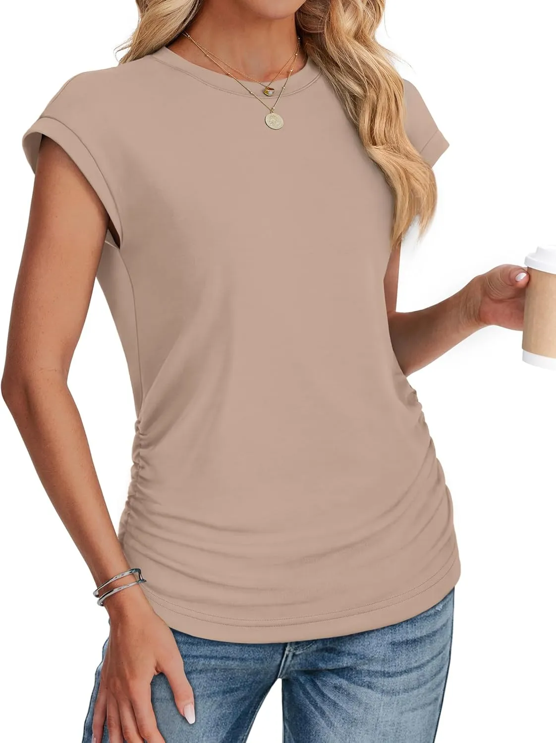 SAMPEEL Womens Summer Tops Trendy 2025 Ruched Cap Short Sleeve Tshirts Shirts Crew Neck T Shirts Fashion