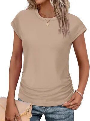 SAMPEEL Womens Summer Tops Trendy 2025 Ruched Cap Short Sleeve Tshirts Shirts Crew Neck T Shirts Fashion
