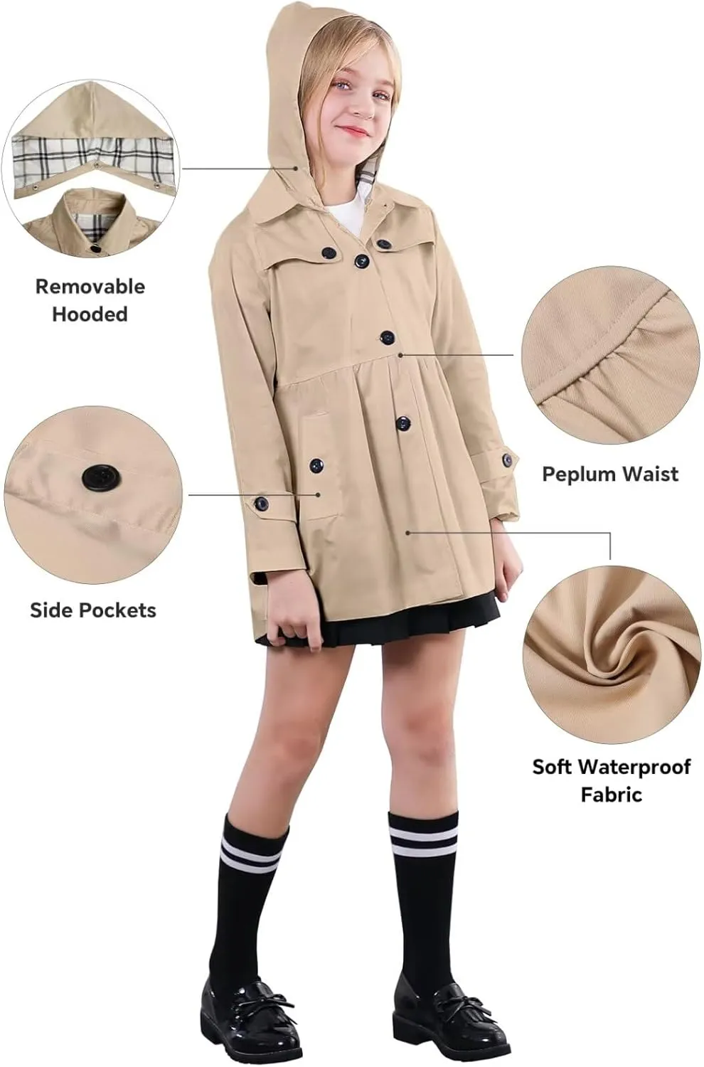 SANGTREE Girl's Waterproof Trench Coat Hooded Lightweight Rain Jackets