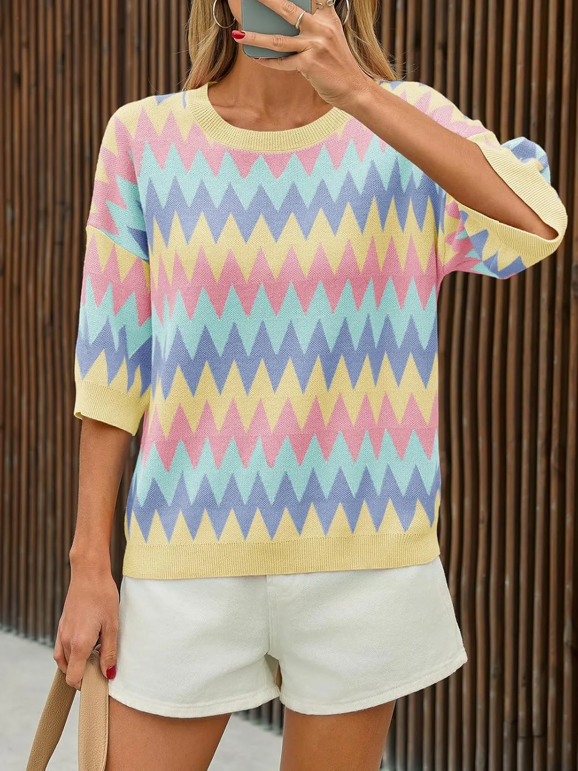 Saodimallsu Womens Color Block Striped Sweater Tops Summer Half Sleeve Crew Neck Loose Knit Pullover Sweaters