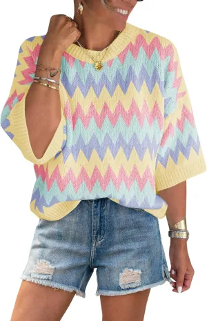 Saodimallsu Womens Color Block Striped Sweater Tops Summer Half Sleeve Crew Neck Loose Knit Pullover Sweaters