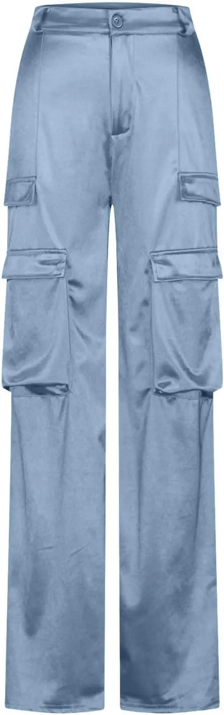 Satin Cargo Pants for Women High Waist Multiple Pockets Straight Wide Leg Trouser Casual Outdoor Flowy Palazzo Pants