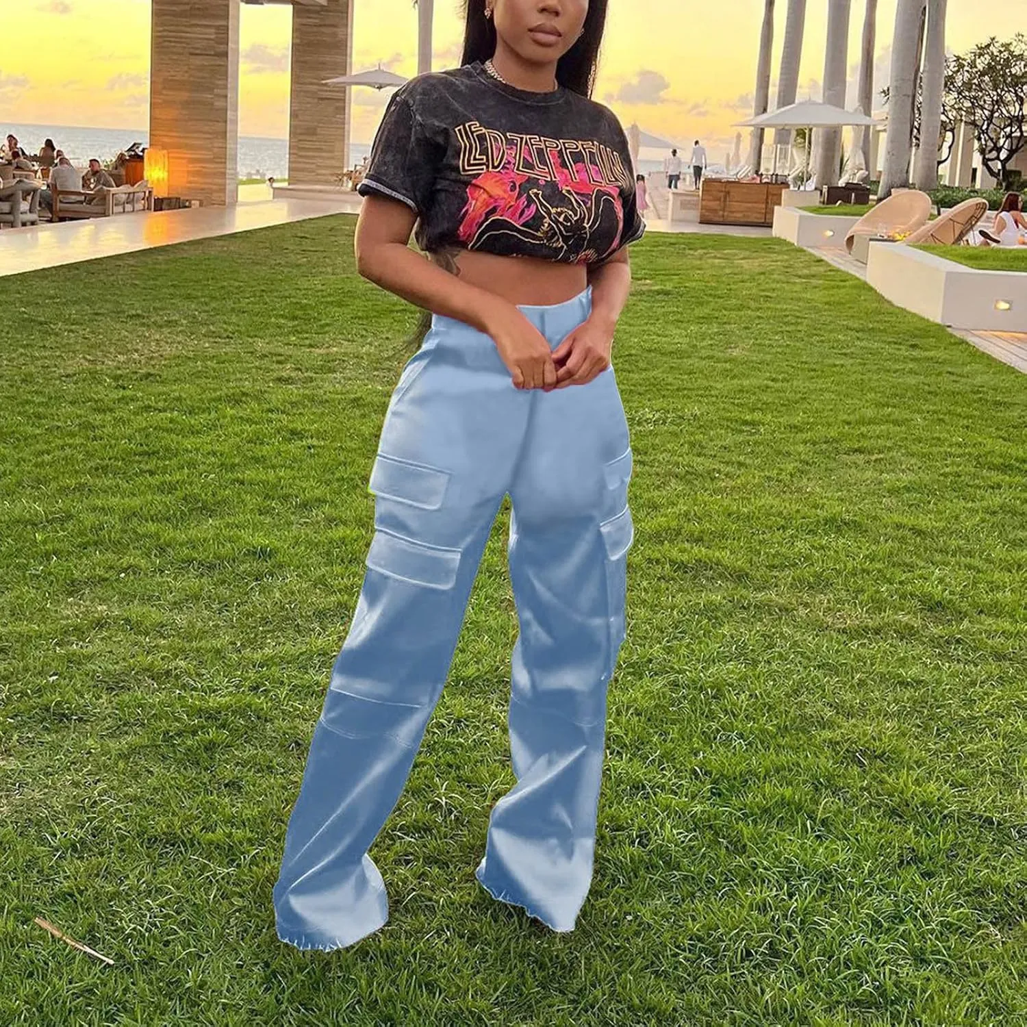 Satin Cargo Pants for Women High Waist Multiple Pockets Straight Wide Leg Trouser Casual Outdoor Flowy Palazzo Pants