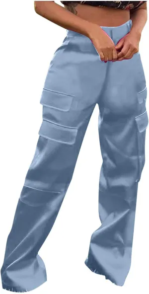 Satin Cargo Pants for Women High Waist Multiple Pockets Straight Wide Leg Trouser Casual Outdoor Flowy Palazzo Pants