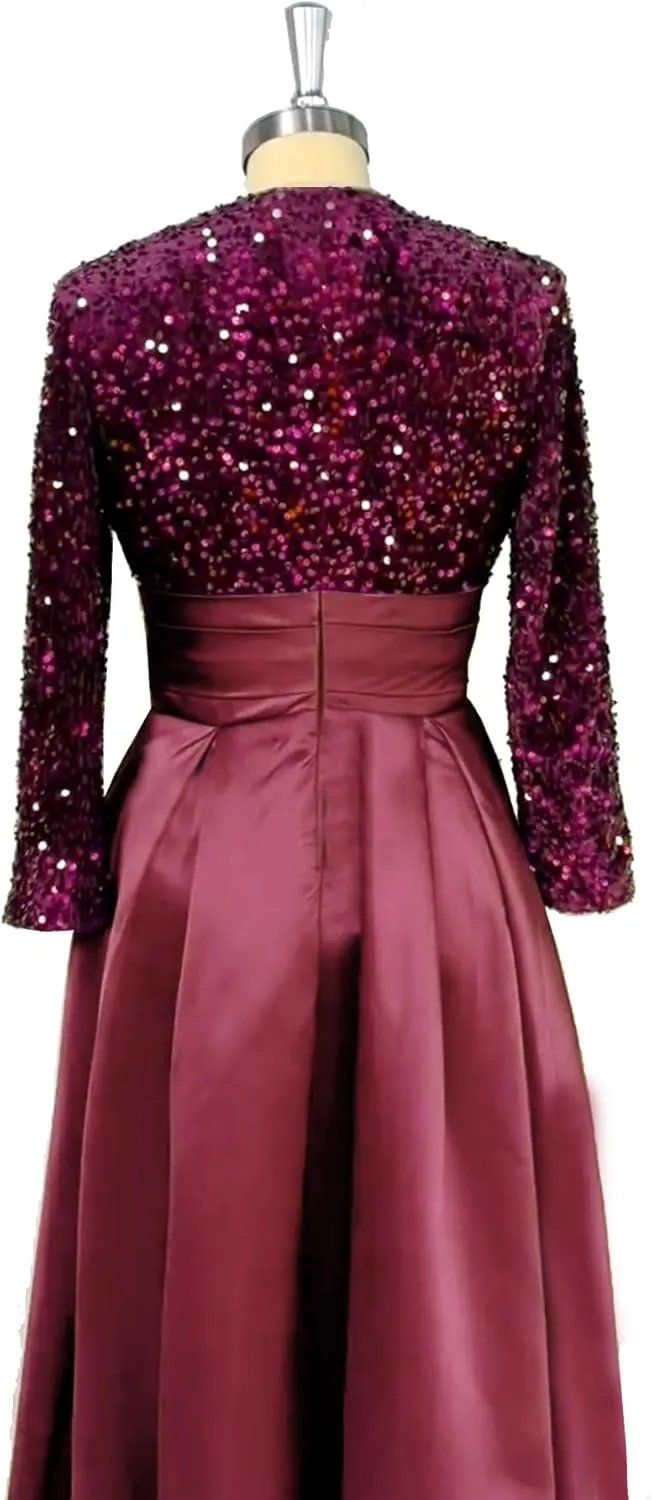 Satin Mother of The Bride Dress for Wedding Tea Length Sparkly Sequin Prom Dresses Long Sleeve Formal Party Gown