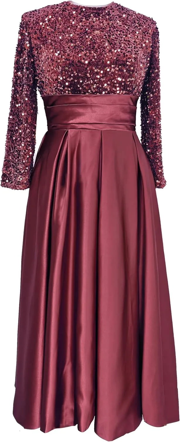 Satin Mother of The Bride Dress for Wedding Tea Length Sparkly Sequin Prom Dresses Long Sleeve Formal Party Gown
