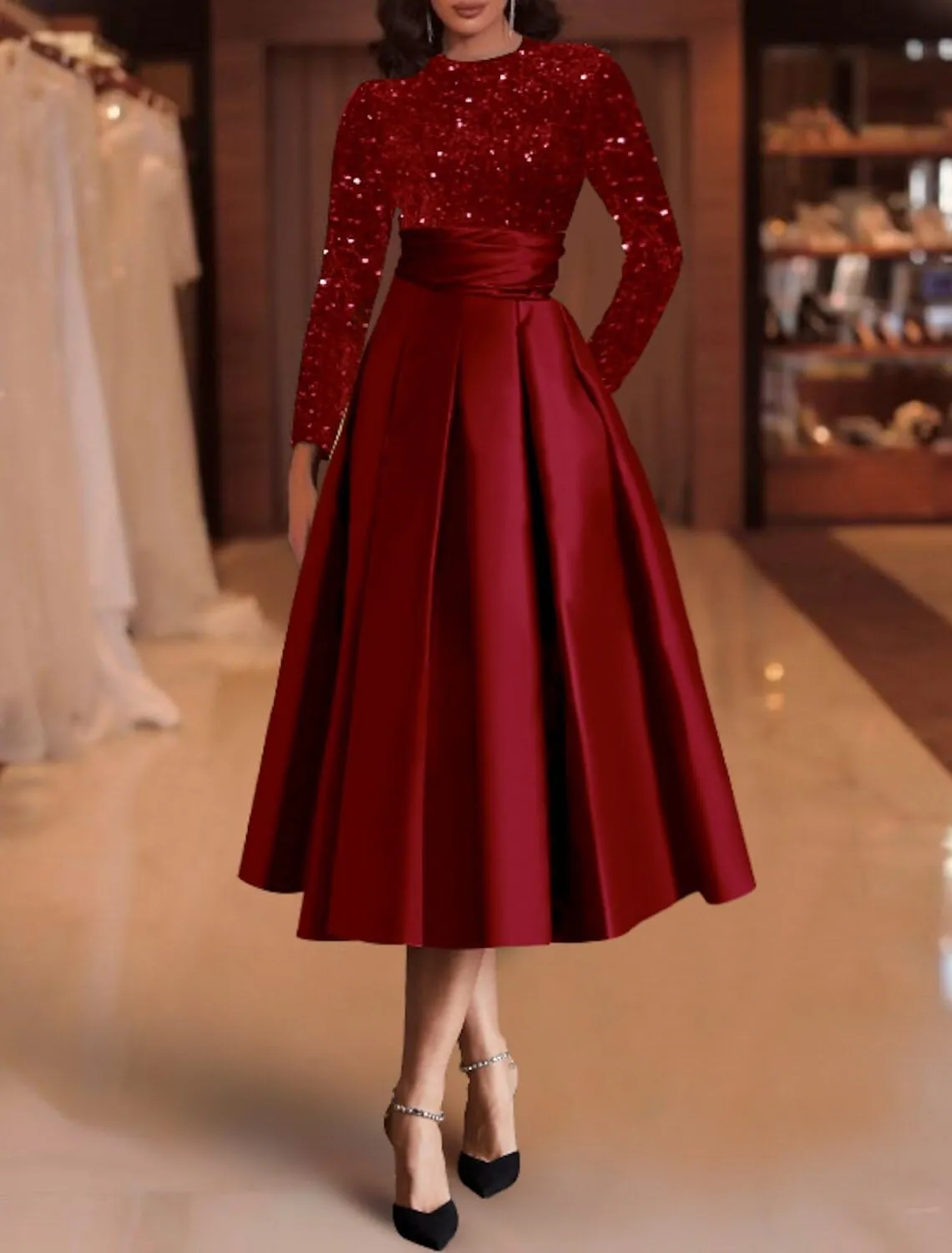 Satin Mother of The Bride Dress for Wedding Tea Length Sparkly Sequin Prom Dresses Long Sleeve Formal Party Gown
