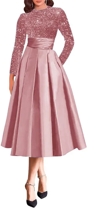 Satin Mother of The Bride Dress for Wedding Tea Length Sparkly Sequin Prom Dresses Long Sleeve Formal Party Gown