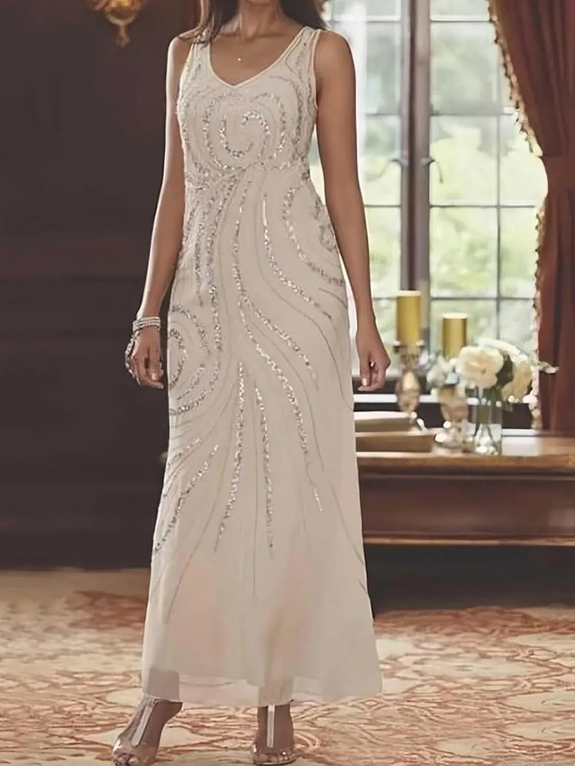 Sequin 2 Pcs Mother of The Bride Dresses for Wedding with Jacket Long Sleeve Wedding Guest Dress Formal Gown
