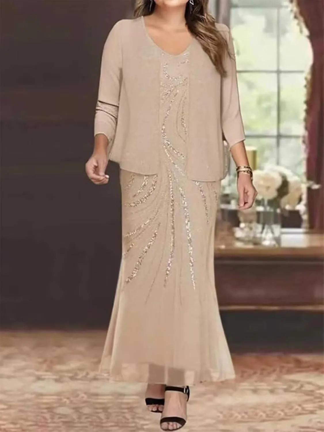 Sequin 2 Pcs Mother of The Bride Dresses for Wedding with Jacket Long Sleeve Wedding Guest Dress Formal Gown