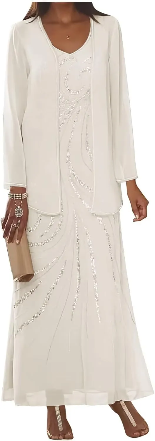 Sequin 2 Pcs Mother of The Bride Dresses for Wedding with Jacket Long Sleeve Wedding Guest Dress Formal Gown