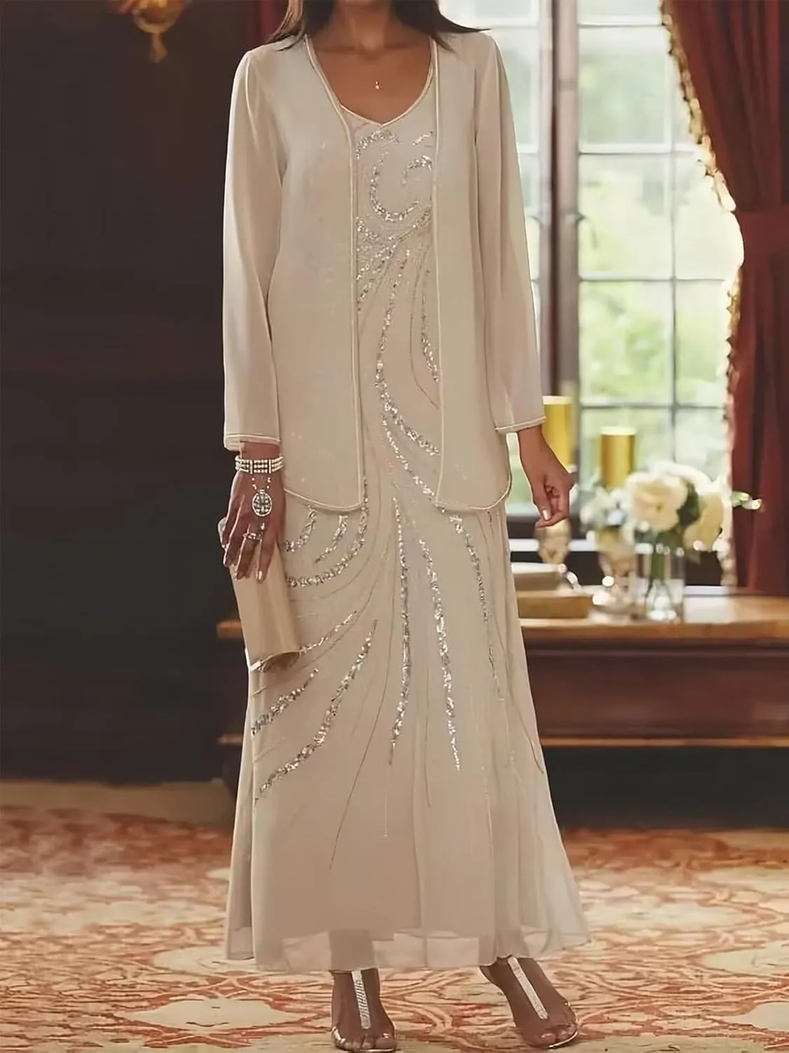 Sequin 2 Pcs Mother of The Bride Dresses for Wedding with Jacket Long Sleeve Wedding Guest Dress Formal Gown