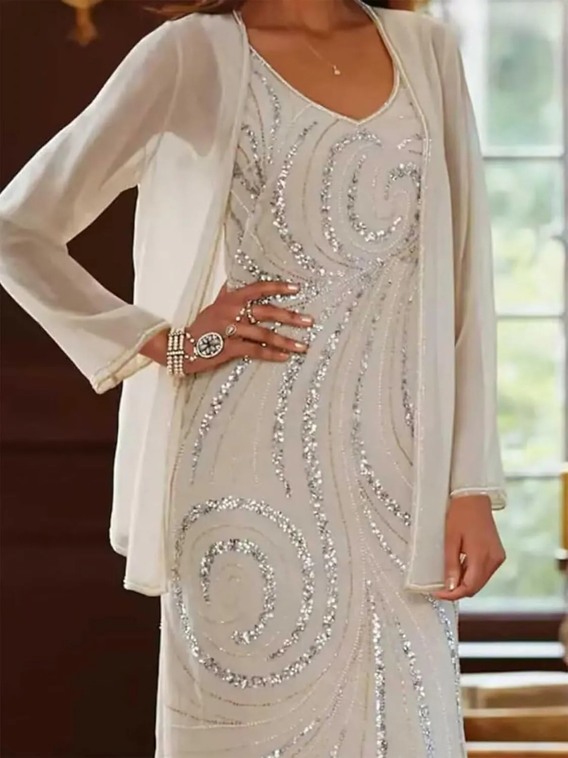 Sequin 2 Pcs Mother of The Bride Dresses for Wedding with Jacket Long Sleeve Wedding Guest Dress Formal Gown
