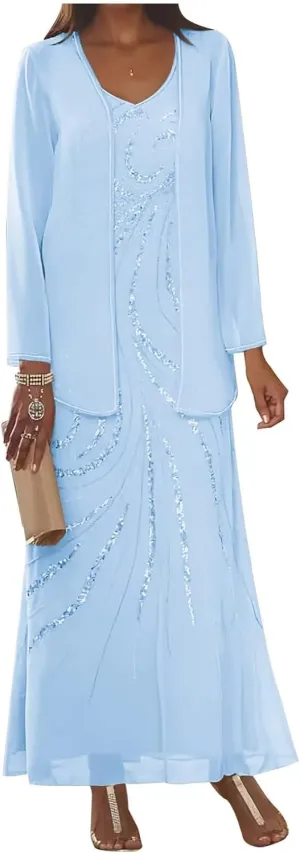 Sequin 2 Pcs Mother of The Bride Dresses for Wedding with Jacket Long Sleeve Wedding Guest Dress Formal Gown