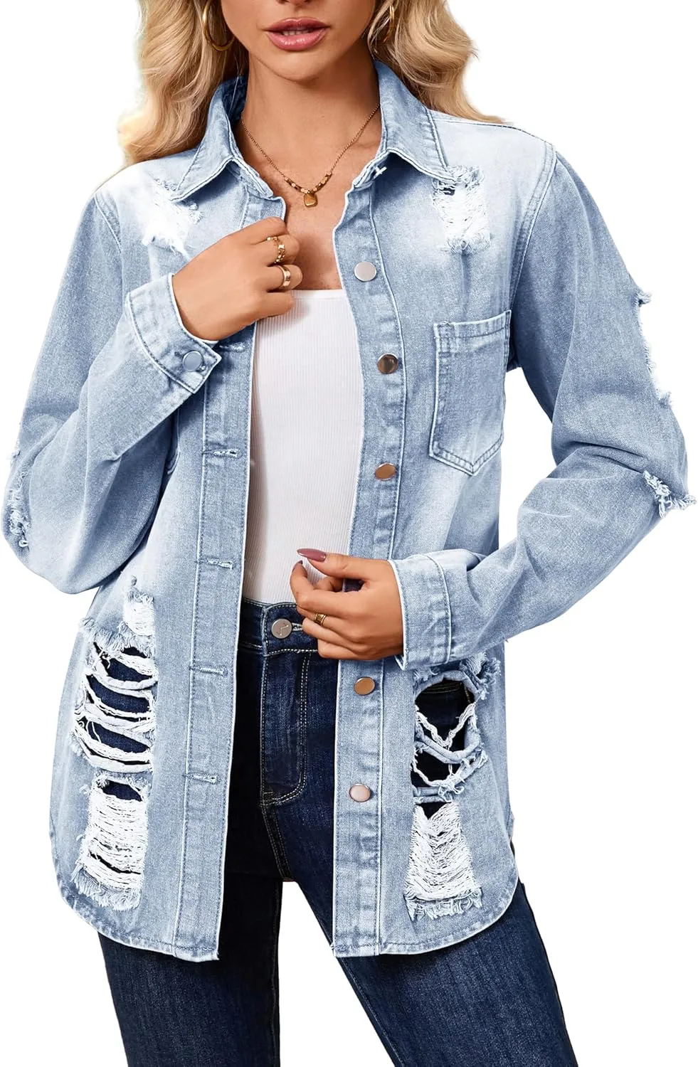 sexycherry Denim Jacket for Women Long Sleeve Classic Trucker Jeans Long Coat Outwear with Pockets